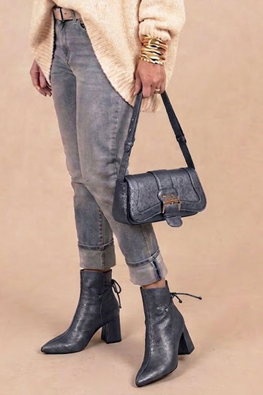 Dress ankle boots back laces in denim blue leather with high flare heels and tapered toe - Top view